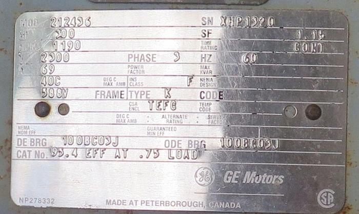 Used 300HP AC GENERAL ELECTRIC MOTOR 1200 RPM