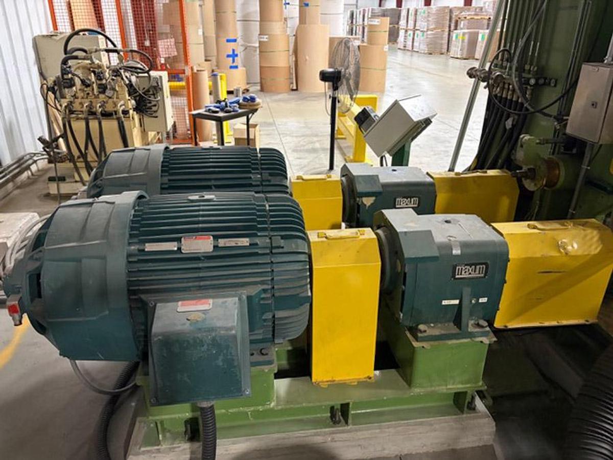 Used 134” WIDE TOSCHI (TOSOTEC) MODEL 4000-3S TWO DRUM SLITTER REWINDER - 71" REWIND DIAMETER - NEW PLC & DRIVES 2023