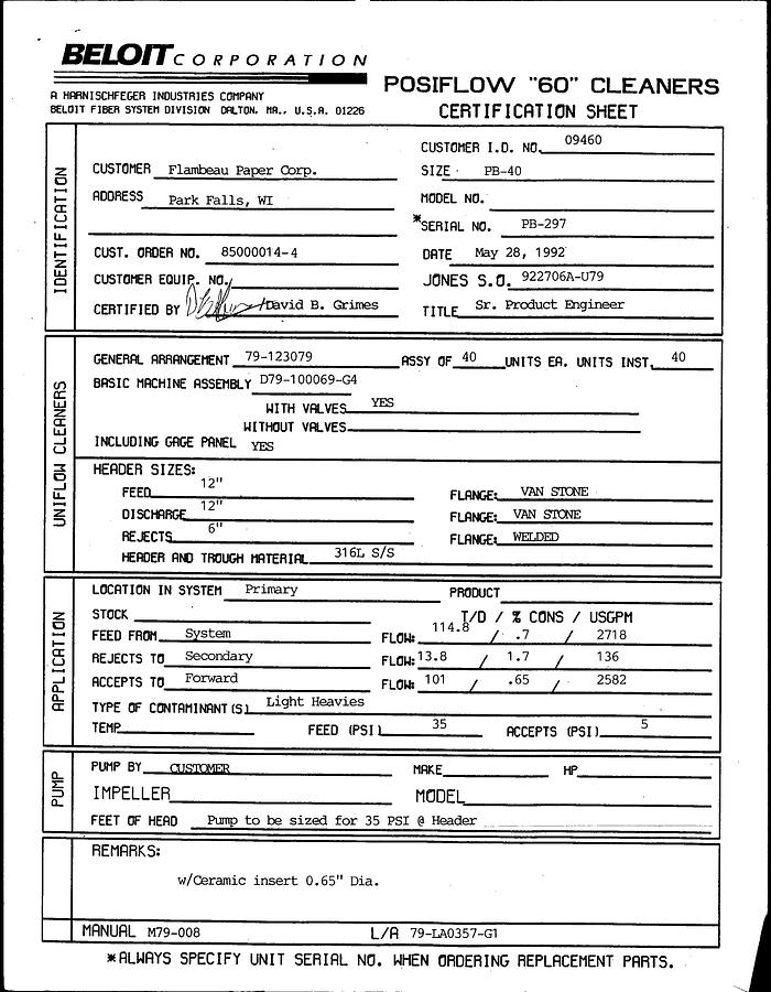 Used BELOIT MDL. PB40 POSIFLOW CLEANERS 1 -BANK