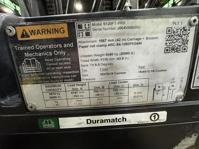 Used 12,000 POUND HYSTER S120FTPRS FORKLIFT WITH PAPER ROLL CLAMP MFG. 2020 LOW MAST