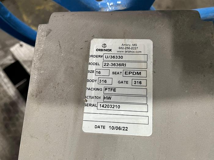 Used 16" ORBINOX MODEL 22-3636RI MANUAL 316 STAINLESS STEEL KNIFE GATE VALVE (NEW SPARE)