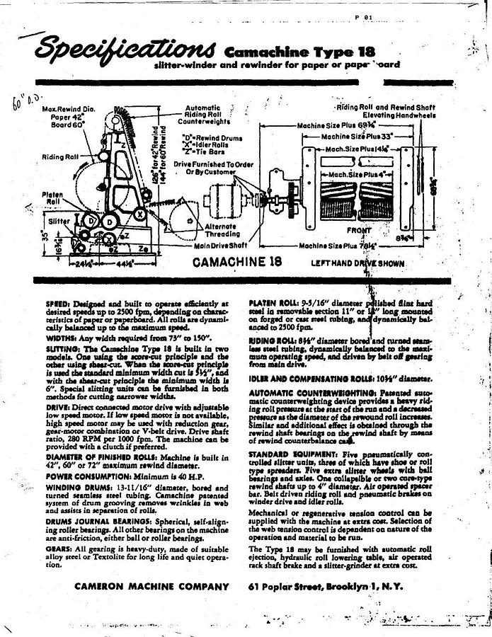 Used 122" WIDE CAMERON MODEL 18 TWO DRUM SLITTER REWINDER 72" REWIND DIAMETER