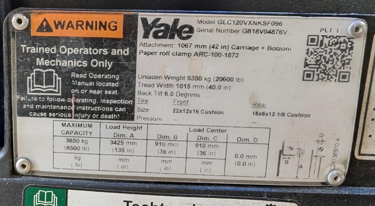 Used 12,000 POUND YALE GC120VXPRS FORKLIFT WITH 72" BOLZONI CLAMP MANUFACTURED 2021