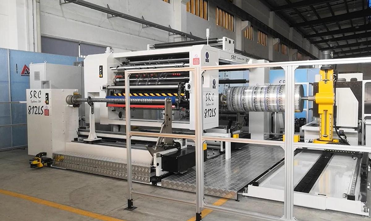 Used 60" - 80" WIDE SRC SYSTEMS, LTD. MODEL 812-LS CANTILEVERED DUPLEX SLITTER REWINDER - CENTERWIND OR CENTER SURFACE