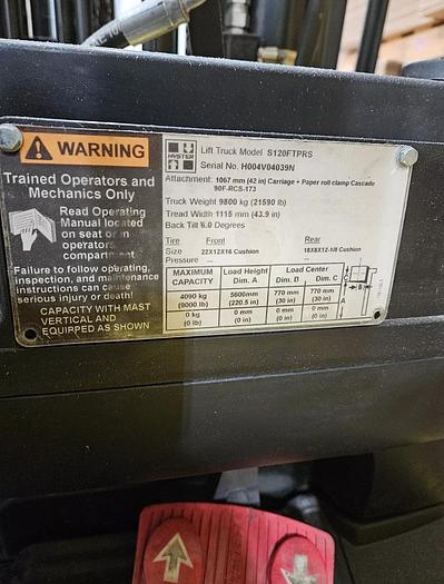 Used 12,000 POUND CAPACITY HYSTER FORKLIFT S120FTPRS LOW HOUR 4-WAY VALVE 3-STAGE MAST