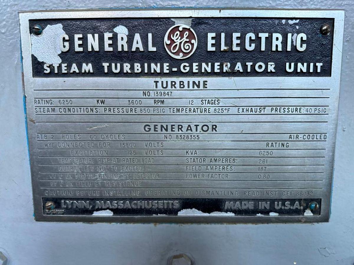 Used 3600KW-6250KVA GENERAL ELECTRIC STEAM TURNBINE MODEL NUMBER 139847