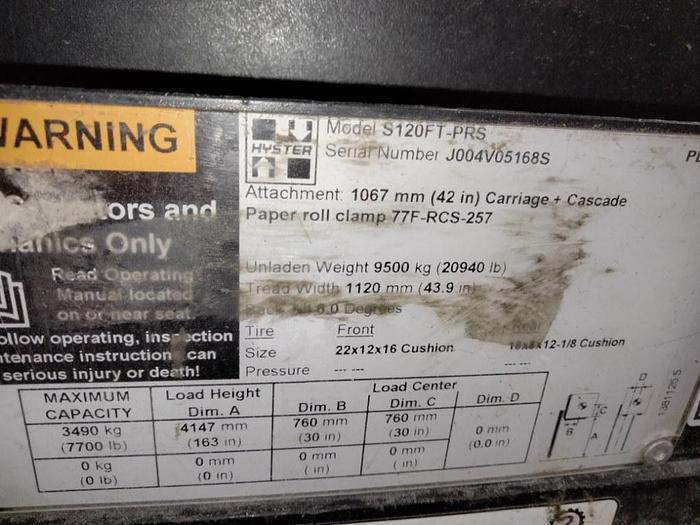 Used 12,000 POUND HYSTER MODEL S120FTPRS LOW MAST ROLL CLAMP FORKLIFT 2018