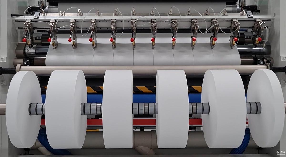 Used 60" - 80" WIDE SRC SYSTEMS, LTD. MODEL 812-LS CANTILEVERED DUPLEX SLITTER REWINDER - CENTERWIND OR CENTER SURFACE