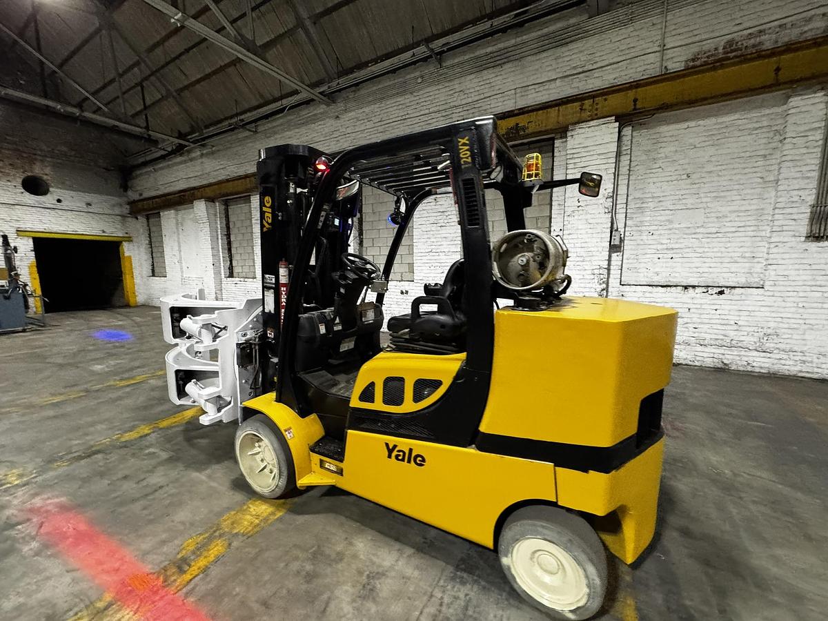 Used 12,000 POUND YALE GLC120VX (Paper Roll Special) PAPER ROLL CLAMP TRUCK WITH 84" CASCADE CLAMP