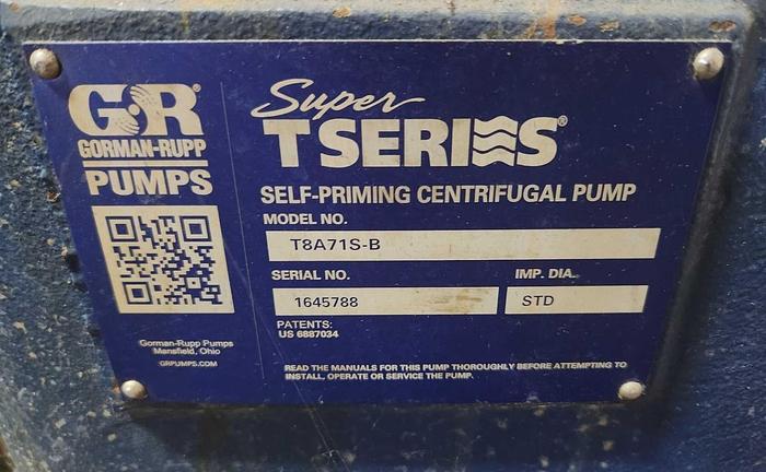 Used GORMAN RUPP MODEL T8A71S-B SUPER T SERIES SELF PRIMING CENTRIFUGAL PUMP ON HOLD