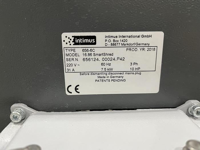 Used INTIMUS 16.86 SMARTSHRED CROSSCUT DOCUMENT SHREDDER 10HP- SOLD JE
