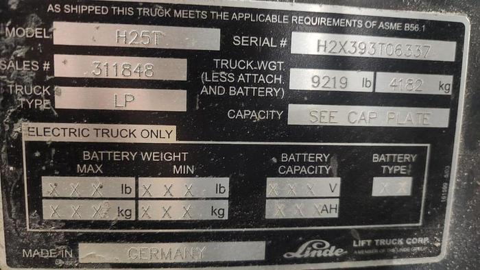 Used 5,000 POUND LINDE H25T FORKLIFT PNEUMATIC TIRES