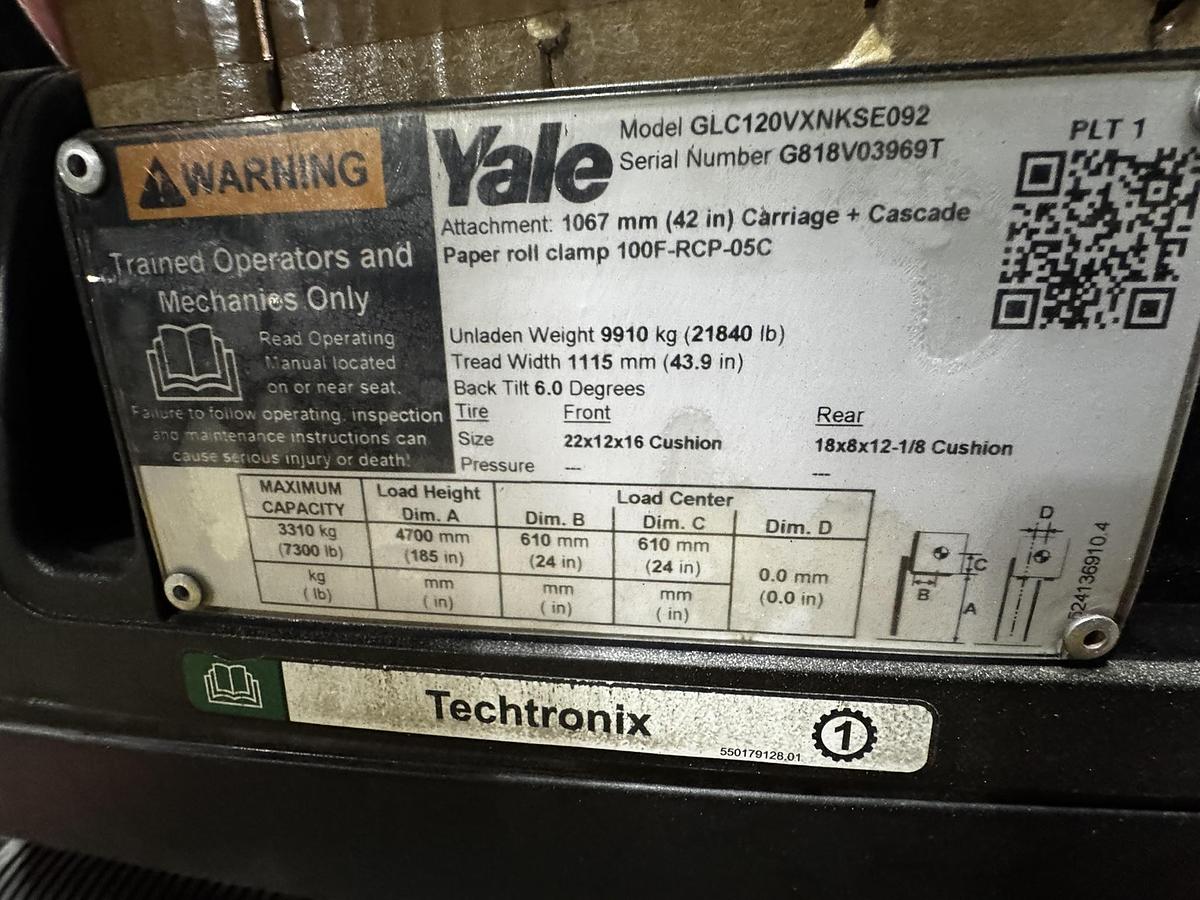 Used 12,000 POUND YALE GLC120VX (Paper Roll Special) PAPER ROLL CLAMP TRUCK WITH 84" CASCADE CLAMP