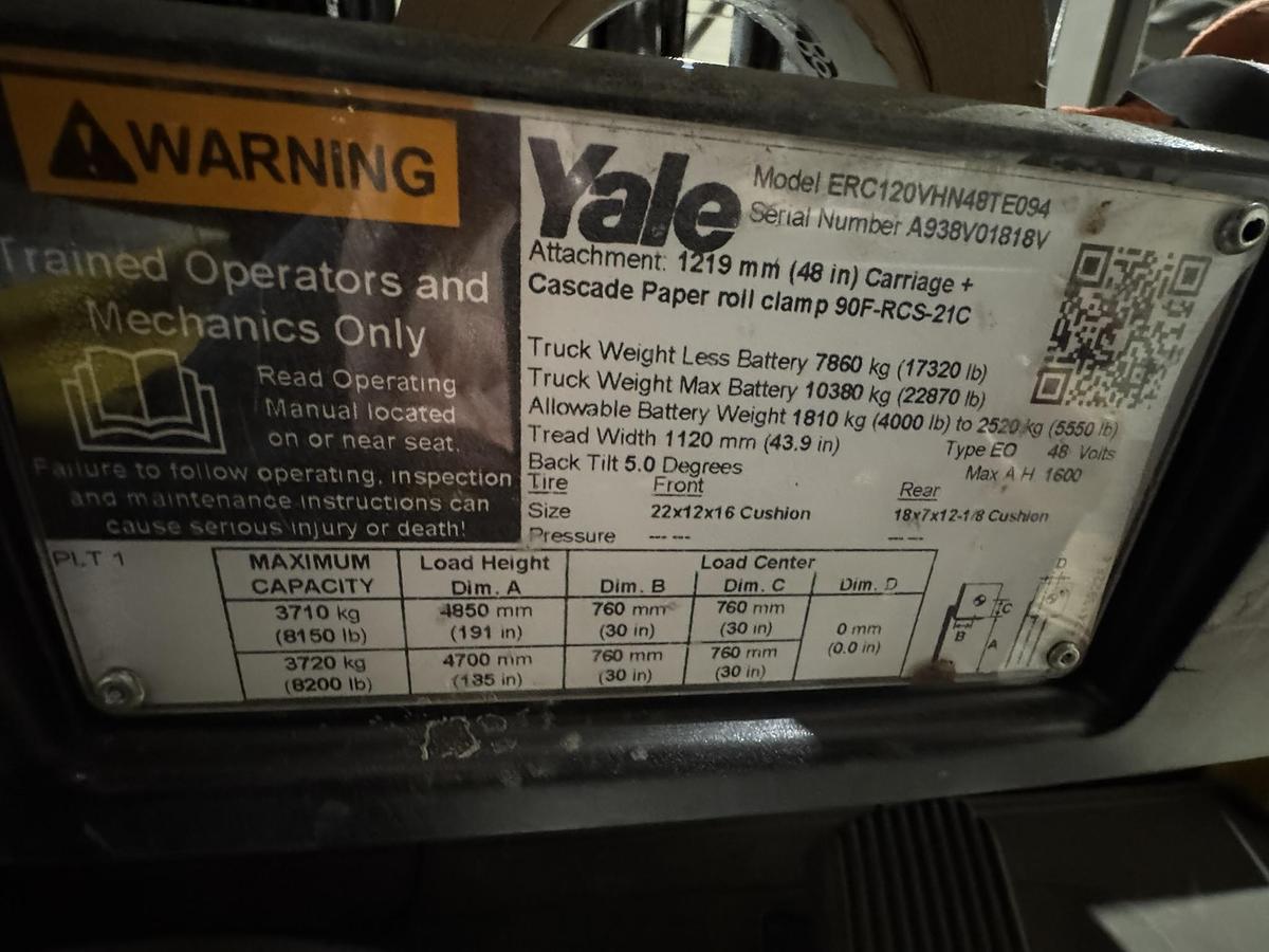 Used 12000 LB YALE ELECTRICL ROLL CLAMP TRUCK WITH CASCADE CLAMP MODEL ERC120VHN48TE094