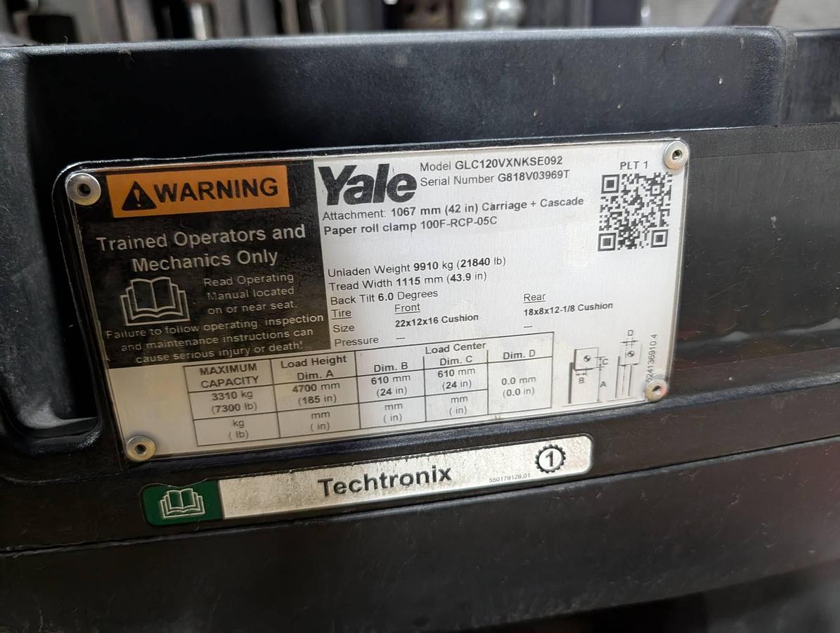 Used 12,000 POUND YALE GLC120VX (Paper Roll Special) PAPER ROLL CLAMP TRUCK WITH 84" CASCADE CLAMP