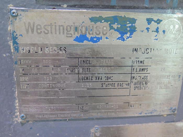 Used WESTINGHOUSE 500 HP REFINER MOTOR 4160V 713 RPM