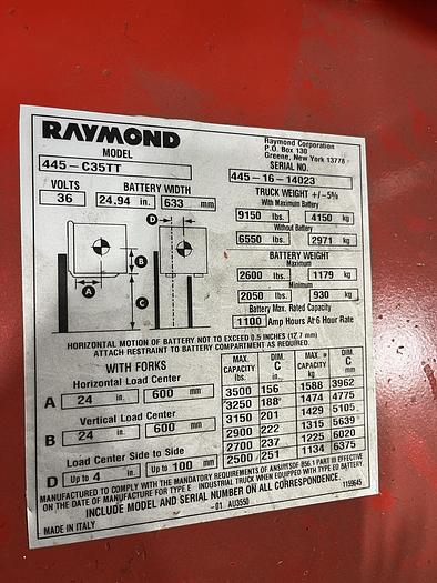Used RAYMOND 445-C35TT 3500LB CAPACITY ELECTRIC FORKLIFT SIDESHIFT 3-STAGE MAST