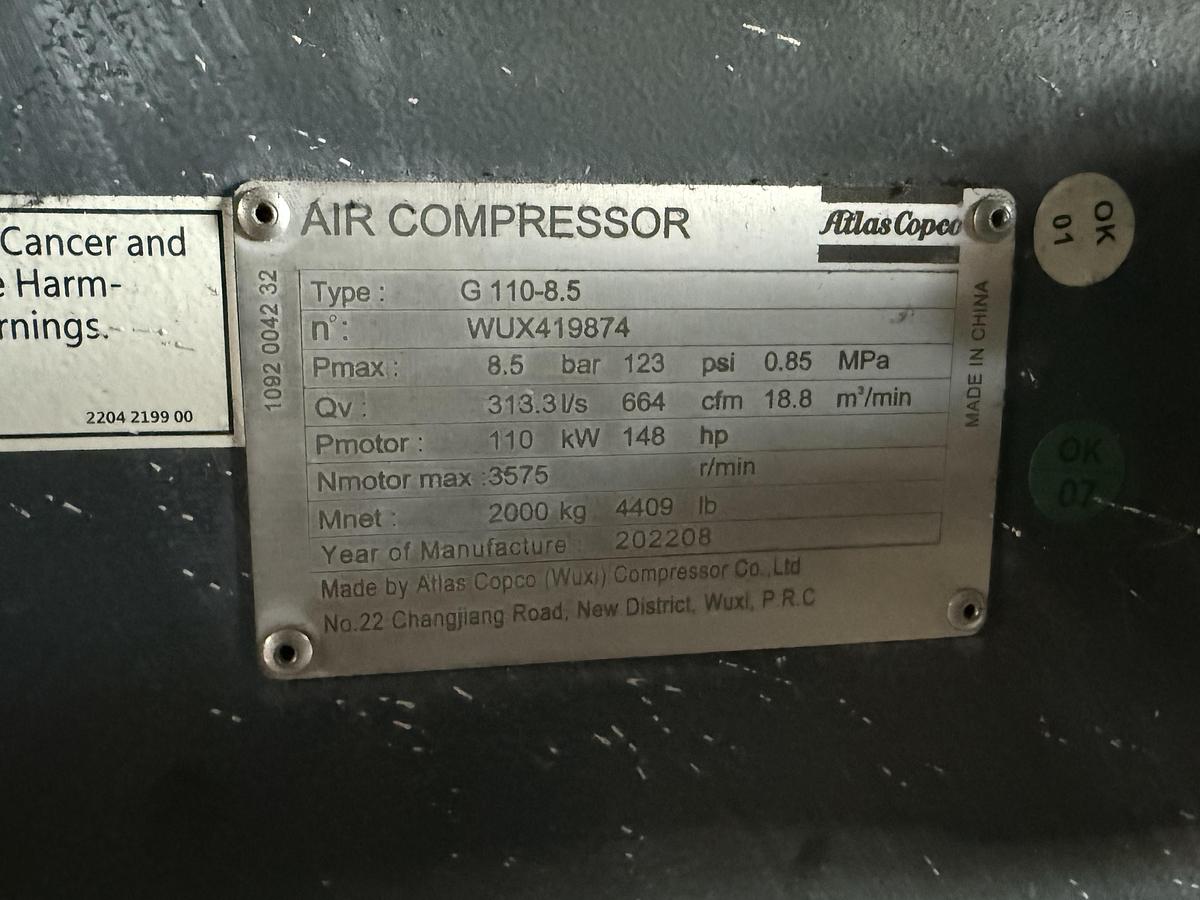Used 148 HP ATLAS COPCO AIR COMPRESSOR MODEL G 110-8.5 MANUFACTURED 2022