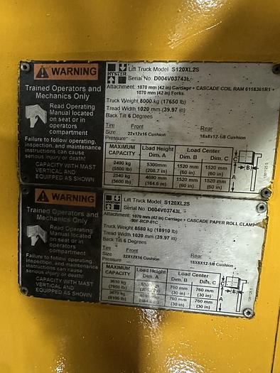 Used 12,000 POUND CAPACITY HYSTER MODEL S120XL2S PAPER ROLL CLAMP TRUCK pending JE