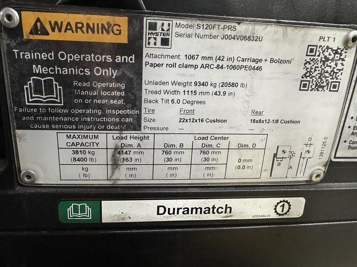 Used 12,000 POUND HYSTER S120FTPRS FORKLIFT WITH PAPER ROLL CLAMP MFG. 2020 LOW MAST
