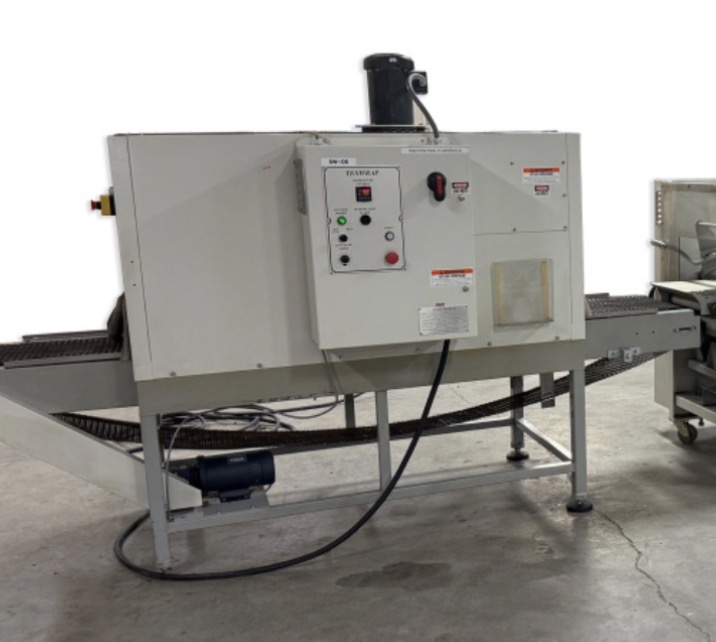 Used TEXWRAP MODEL 2219 SHRINK WRAP SYSTEM WITH TEXWRAP # F05—5’ LUGGED INFEED CONVEYOR