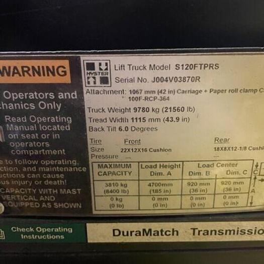Used 12,000 POUND HYSTER S120FTPRS FORKLIFT WITH 60" CASCADE ROLL CLAMP