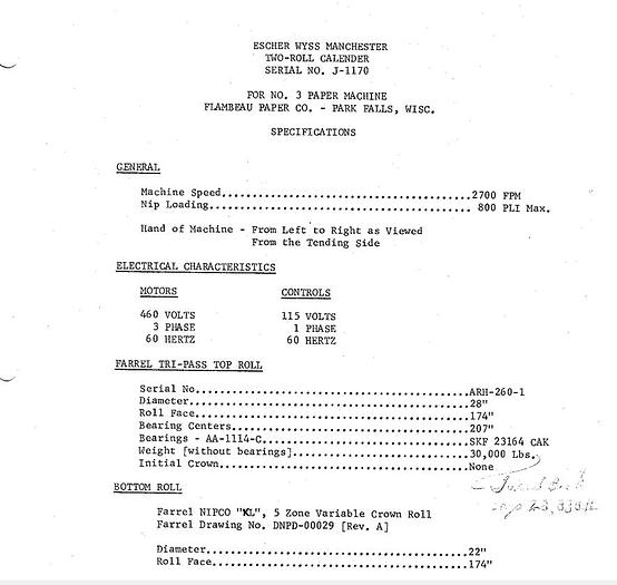 Used 174" FACE MANCHESTER TWO ROLL CALENDER STACK WITH 200 HP MOTOR