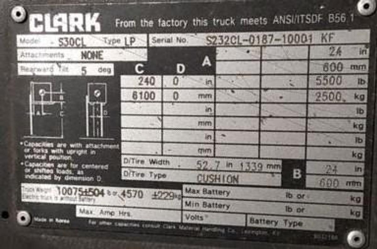 Used 6,000 LB. CLARK MODEL S30CL 103"LH/240"RH MFG 2018