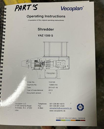 Used VECOPLAN SINGLE SHAFT SHREDDER MODEL VAZ1300S / VAZ 1300 S 100 HP MANUFACTURED 2013