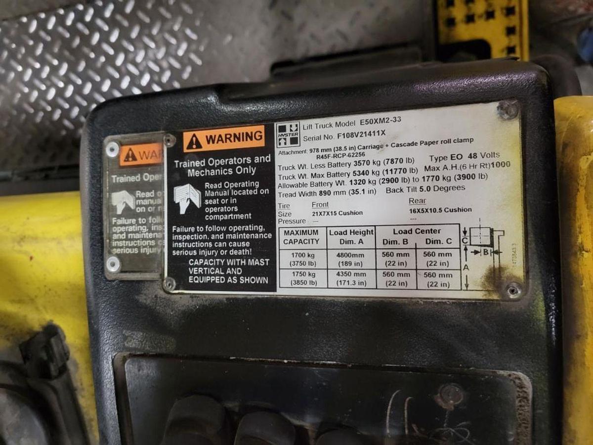 Used 6,000 LB CAPACITY ELECTRIC HYSTER FORKLIFT MODE E60XLS WITH CASCADE ROLL CLAMP AND BATTERY CHARGER
