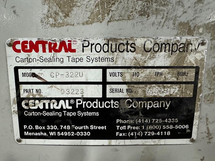 Used CENTRAL CP-322U CASE TAPER CARTON SEALER SYSTEM