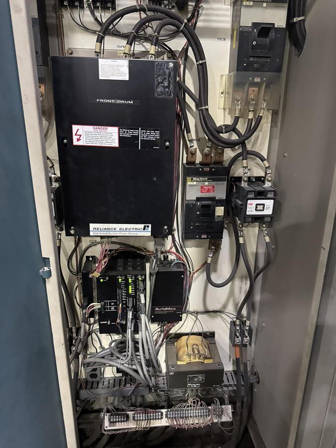 Used 95" WIDE A&F TWO DRUM SLITTER REWINDER - SHAFTLESS 72" DIAMETER REWIND