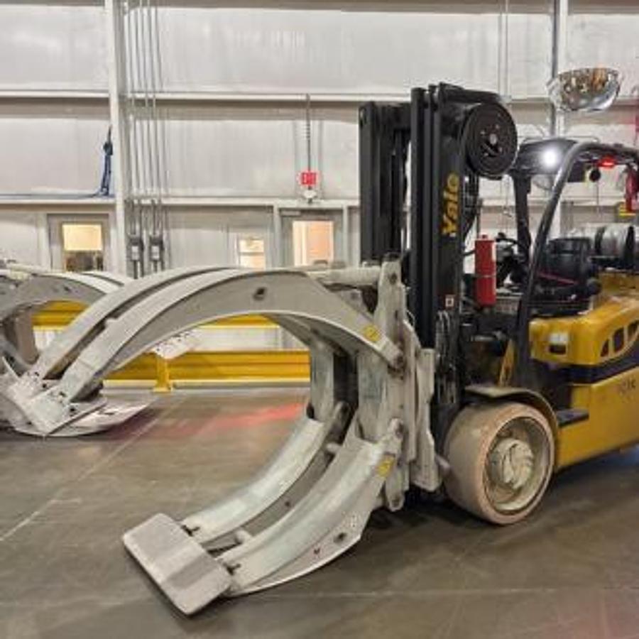 Used 15,500 POUND YALE MODEL GLC155VX FORKLIFT WITH 72" CASCADE PAPER ROLL CLAMP LOW HOURS
