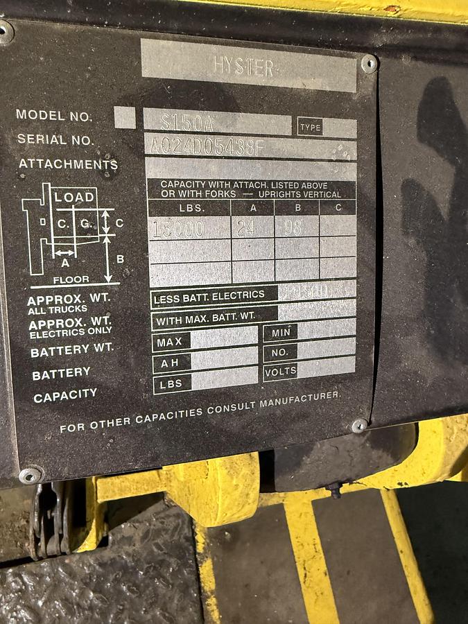 Used 15,000 LB. HYSTER MDL S150A 3 STAGE MAST LH94" RIGGING SPECIAL FORKLIFT LOW HOURS