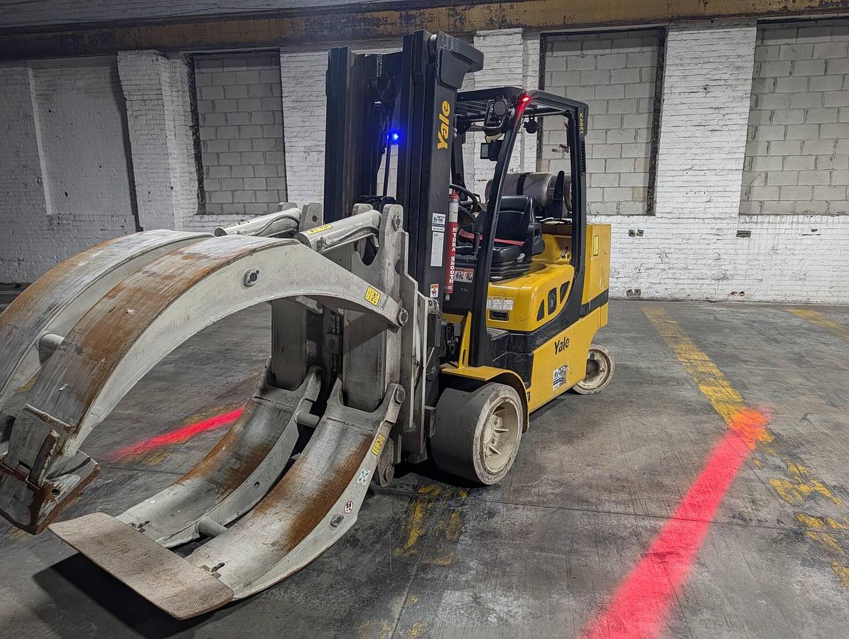 Used 12,000 POUND YALE GLC120VX (Paper Roll Special) PAPER ROLL CLAMP TRUCK WITH 84" CASCADE CLAMP