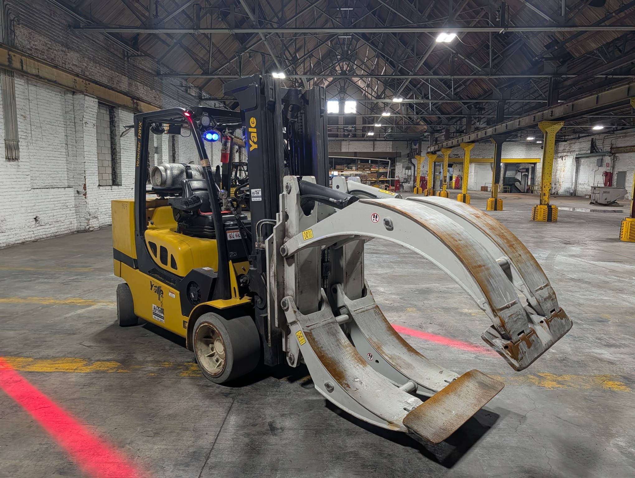 Used 12,000 POUND YALE GLC120VX (Paper Roll Special) PAPER ROLL CLAMP TRUCK WITH 84" CASCADE CLAMP