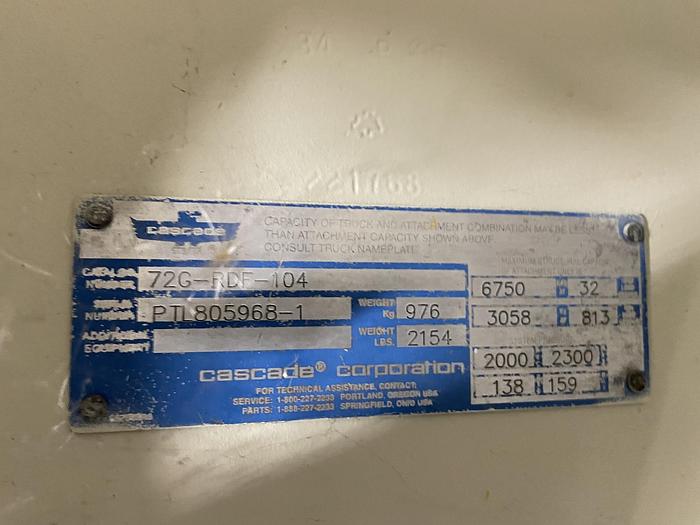 Used CASCADE 72G-RDF-104 PAPER ROLL CLAMP 64 INCH DIAMETER CLASS II/III/IV