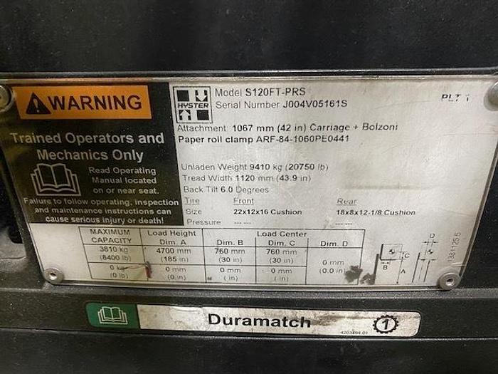 Used 12,000 POUND CAPACITY HYSTER S120FT-PRS FORKLIFT WITH 60" ROLL CLAMP MANUFACTURED 2018