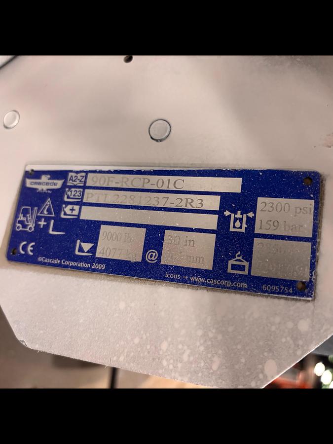 Used 12,000 POUND CAPACITY HYSTER MODEL S120FTPRS 60" CASCADE PAPER ROLL CLAMP