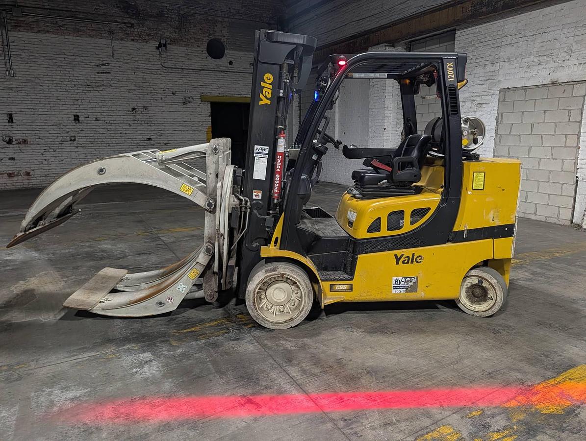 Used 12,000 POUND YALE GLC120VX (Paper Roll Special) PAPER ROLL CLAMP TRUCK WITH 84" CASCADE CLAMP