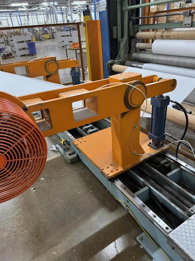 Used 84" WIDE SHANKS TWO DRUM SLITTER REWINDER WITH SHAFTLESS FLOOR PICK UP UNWIND STAND