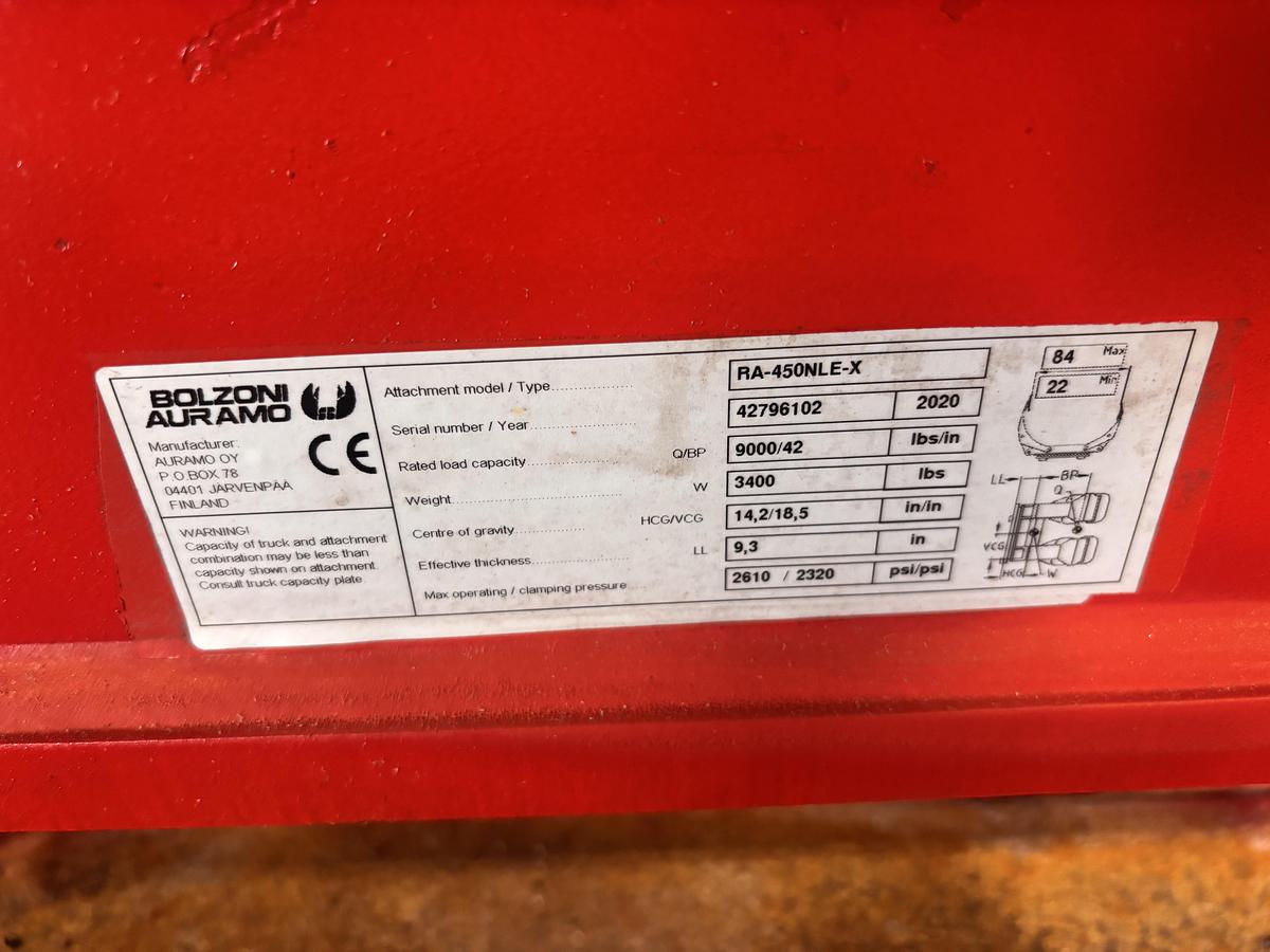 Used 84" BOLZONI AURAMO RA-450NLE-X PAPER ROLL CLAMP CLASS IV MANUFACTURED 2020