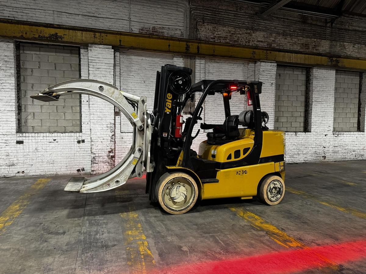 Used 15,500 POUND YALE MODEL GLC155VX FORKLIFT WITH 72" CASCADE PAPER ROLL CLAMP LOW HOURS