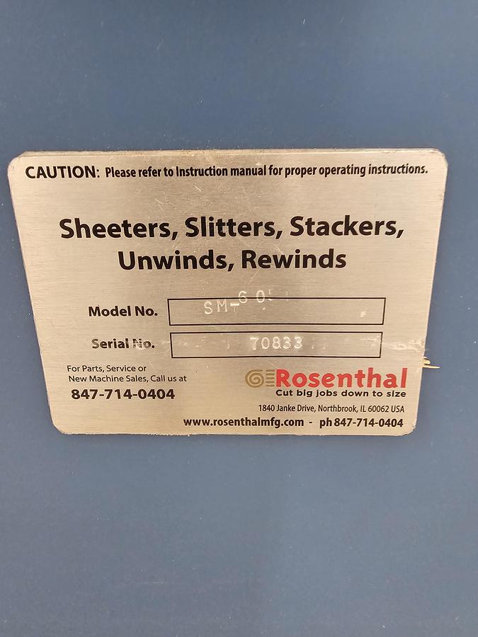 Used 60" WIDE ROSENTHAL SM-60 STRAIGHT KNIFE SHEETER WITH RAZOR SLITTING