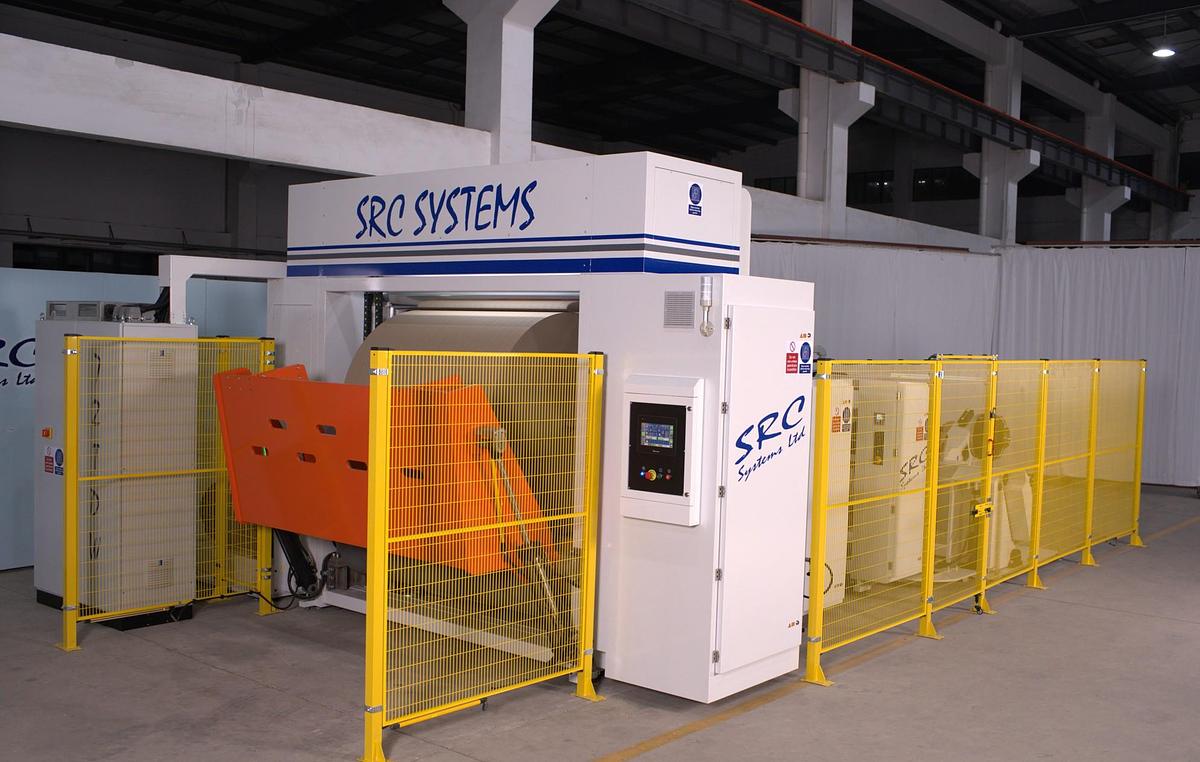 Used 72" - 120" WIDE SRC SYSTEMS LTD. MODEL TDW-HD TWO DRUM SLITTER REWINDER