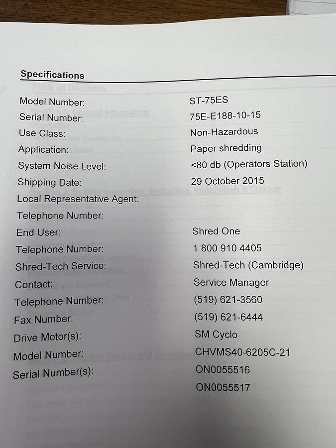 Used 80 HP (TWIN 40 HP MOTORS) SHRED-TECH MODEL ST-75ES DUAL SHAFT SHREDDER MANUFACTURED 2015