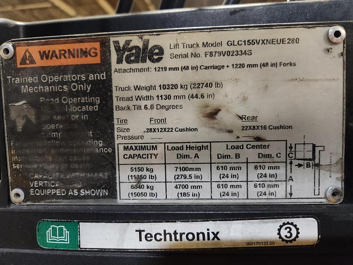 Used 15,500 POUND YALE PAPER ROLL SPECIAL SHORT COUNTERWEIGHT FORKLIFT WITH CLAMP - EXTRA TALL MAST 2018