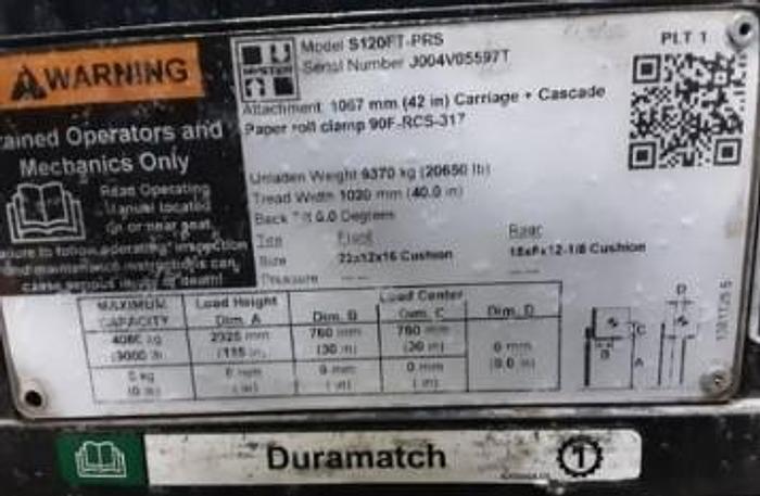 Used 12,000 POUND HYSTER S120FTPRS FORKLIFT ROLL CLAMP TRUCK TWO STAGE MAST LOW HOURS