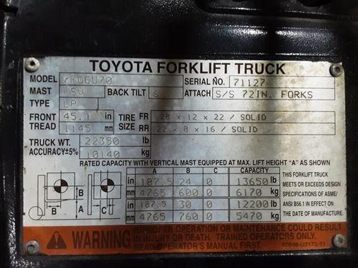 Used 14,000LB TOYOTA FORKLIFT MODEL 7FGCU70 2013 WITH VERY LOW HOURS