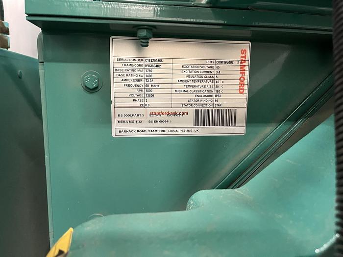 Used 1400 KW CUMMINS NATURAL GAS BACK UP GENERATOR SET QSK60 SERIES ENGINE MODEL C1400 N6C 13,800V MFG 2017 Pending JE